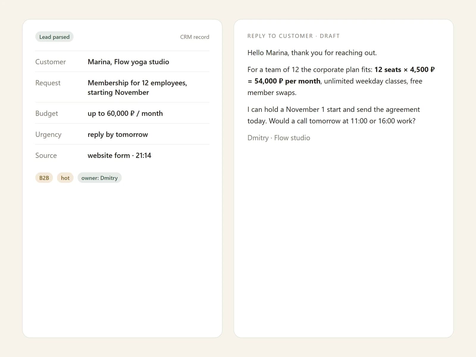 Parsed lead with CRM fields and a reply draft